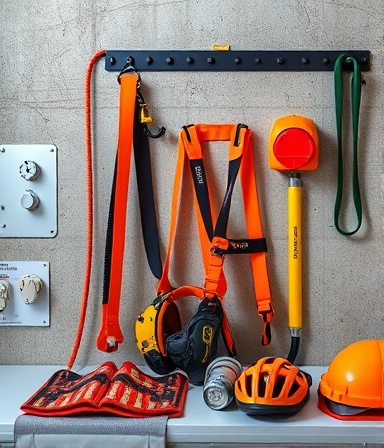 modern electricians safety gear, neatly arranged, ready for use, photorealistic, against a concrete wall, highly detailed, slight shadow play, 8k resolution, vivid orange and black, soft spotlight, shot with a telephoto lens