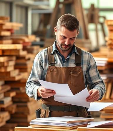 expert carpentry expertise, confident and skilled, analyzing wood quality, photorealistic, surrounded by piles of selected lumber and detailed sketches, highly detailed, with a light breeze rustling papers, pastel colors, soft afternoon lighting, shot with a 35mm lens.