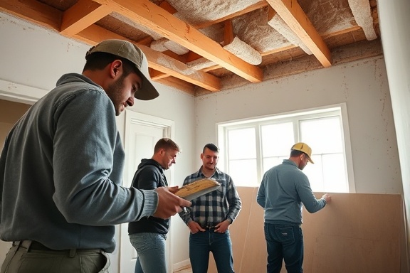 renovation team in action, focused, installing drywall, photorealistic, partially completed room with exposed beams and insulation, highly detailed, specks of dust in sunlight beams, 1/200s shutter speed, neutral colors, diffused lighting, shot with a wide-angle lens.