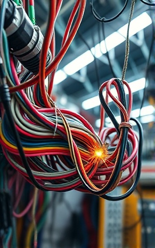 intricate electricians wiring, bundled together, weaving through conduits, photorealistic, inside a dynamic workshop, highly detailed, sparking slightly, focus stacking, multicolored, bright overhead lighting, shot with a tilt-shift lens