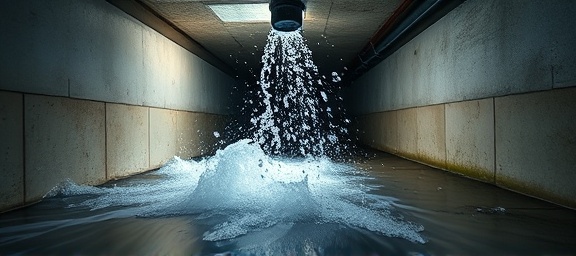 emergency plumbing leak, chaos, spraying water everywhere, photorealistic, residential basement with concrete walls, highly detailed, dynamic water motion, cold metallic tones, emergency flashlight lighting, shot with a 16mm fisheye lens
