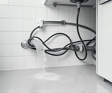 tangled plumbing leak, urgency, water gushing out, photorealistic, suburban kitchen with white tiles, highly detailed, flowing water and reflection, realistic wetness, monochrome, bright daylight, shot with a 35mm lens