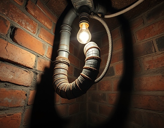 worn-out plumbing pipe, determination, being replaced by a worker, photorealistic, underground basement with brick walls, highly detailed, flickering lightbulb casting shadows, cracked texture, reddish-brown, low ambient lighting, shot with a 24mm wide-angle lens
