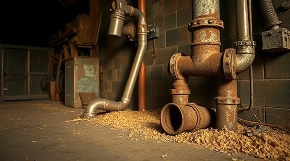 old plumbing pipe, nostalgia, leaning against a wall, photorealistic, rustic workshop with sawdust on the floor, highly detailed, shadow play, muted brown, warm tungsten lighting, shot with a 70mm macro lens