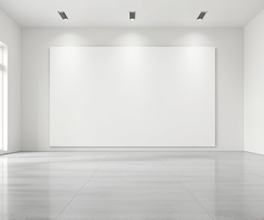 expansive painting canvas, blank potential, prepared for masterpiece creation, photorealistic, empty art gallery with polished floors, highly detailed, focal point centered, ultra HD, neutral colors, soft spotlight, shot with a standard lens.