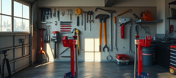 repair tools collection, diverse, neatly arranged on a pegboard, photorealistic, garage with an oil-stained concrete floor, highly detailed, ambient shadows cast on the wall, 100 ISO, vivid colors, ambient daylight streaming from a window, shot with a 28mm lens.