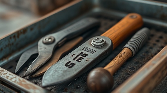 vintage electricians tools, slightly worn, resting quietly, photorealistic, on a metal tool tray, highly detailed, slight patina, shallow depth of field, sepia tone, soft morning light, shot with a prime lens