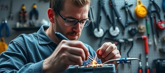 skillful repair skills display, confident, soldering a circuit, photorealistic, modern workshop with organized tools and safety gear mounted on walls, highly detailed, gentle smoke rising from the soldering point, f/4.0, blues and greys, directional LED lighting, shot with a macro lens.
