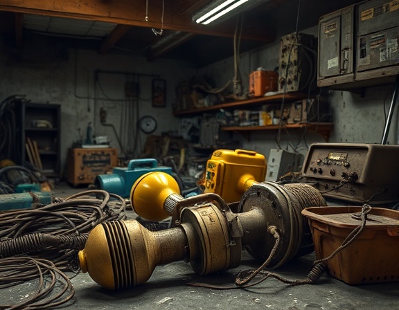 old electricians equipment, scattered, collecting dust, photorealistic, in a dimly lit garage, highly detailed, visible cobwebs, bokeh effect, rusted brown and faded yellow, low-key lighting, shot with a wide-angle lens